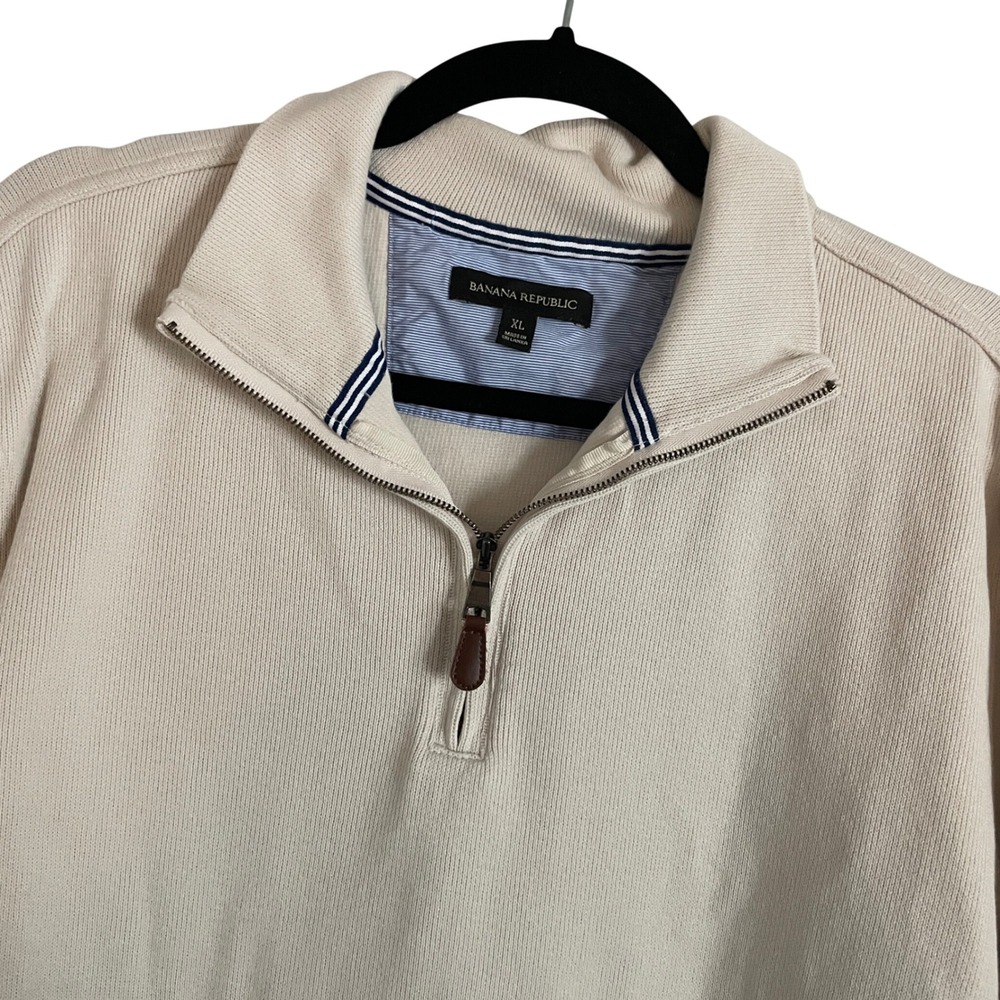 Banana Republic Quarter Zip Pullover Mens XL Cream Elbow Patches Preppy Sweater
